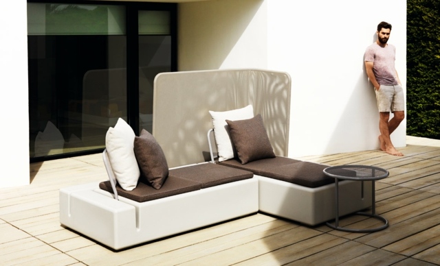 Hörnsoffa modulära möbler set trädgård sidobord terrass plankgolv