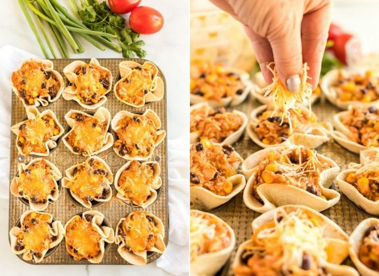 Trädgårdsfestbufféidéer - mini enchilada i en muffinsform med kyckling och tortillor