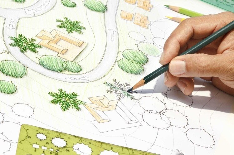 förfina små detaljer rita en perspektiv trädgård plan