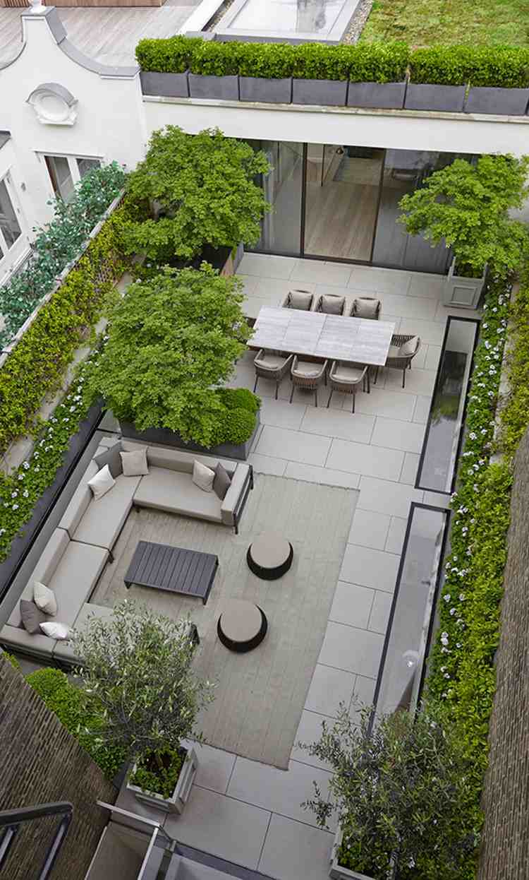 trädgårdsplanering-idéer-fågelperspektiv-takterrass-trädgård lounge-beläggningsstenar-matta
