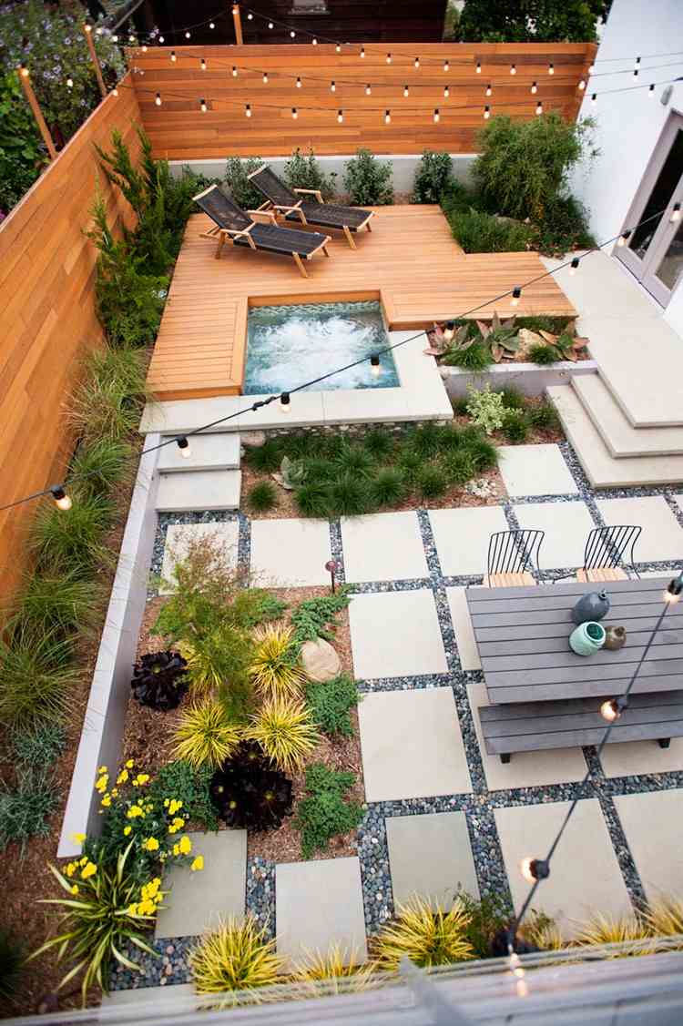 trädgård planering-idéer-fågelperspektiv-bakgård-trädgård lounge-utomhus-bubbelpool-trädgård sittgrupp