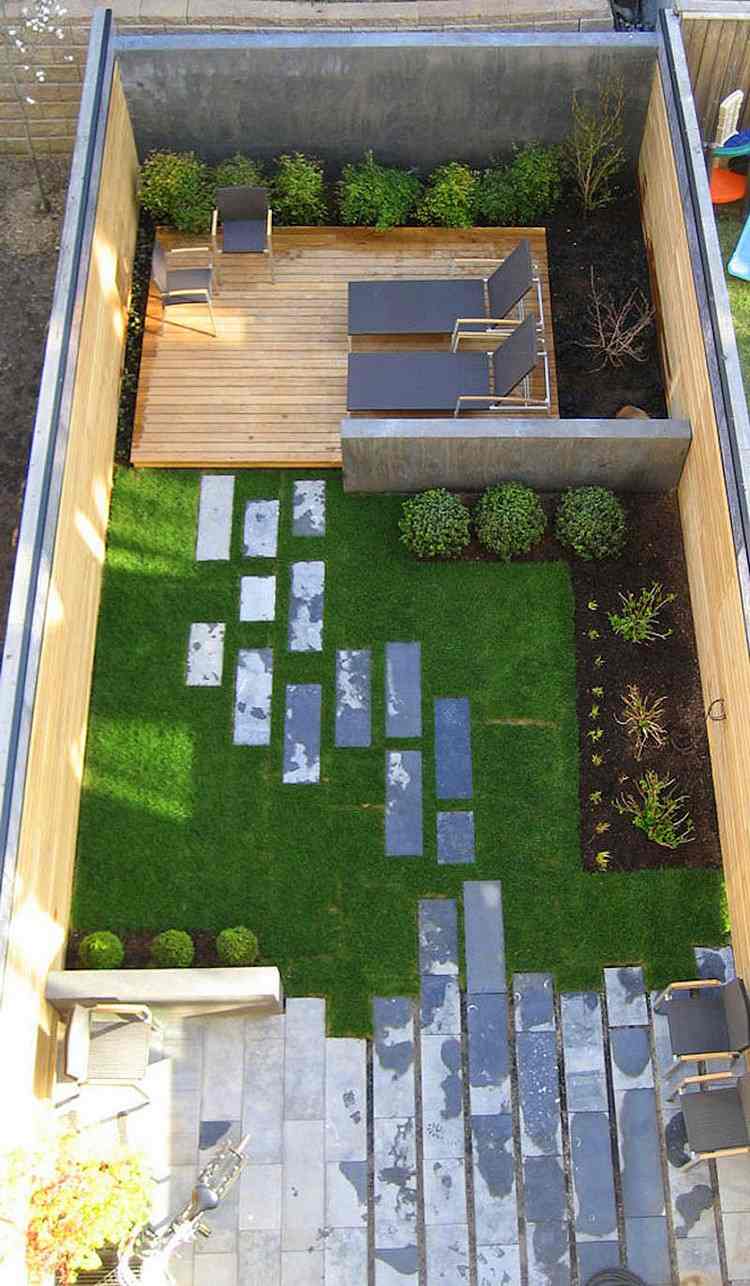 trädgård planering-idéer-fågelperspektiv-bakgård-trädgård lounge-gräsmatta-beläggningsstenar-uteplats