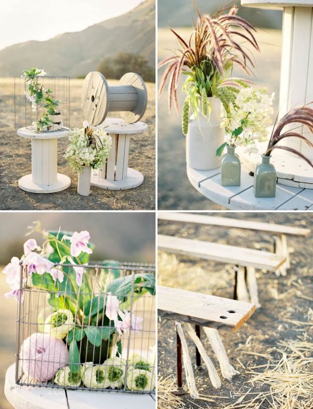 trädgårdsbord av trä-kabelrulle-rustikt-bröllop-dekoration