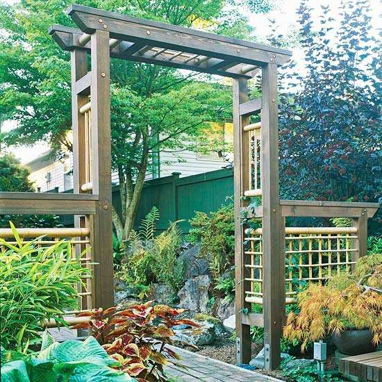 Trädgårdsdesign träpergola japansk stil