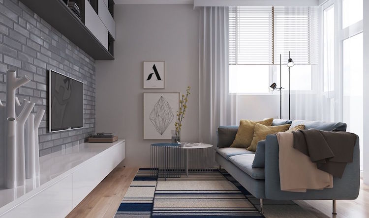 dämpade färger modern inredning vardagsrum grå