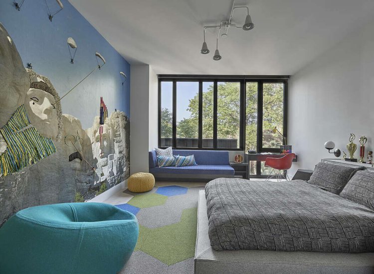 dämpade färger ungdomsrum azurblå tapeter beanbag mattor dag säng