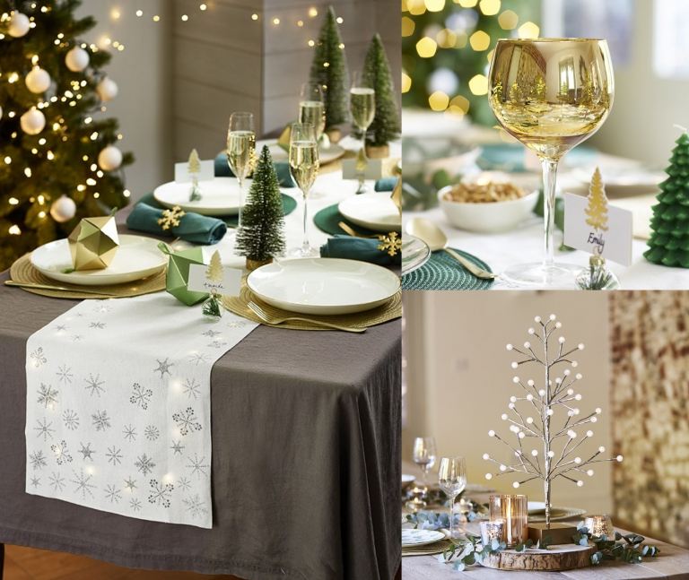 Däck till jul i guld- och grön festlig bordsdekoration med LED -ljuskedja under bordsskenan och LED -julgran