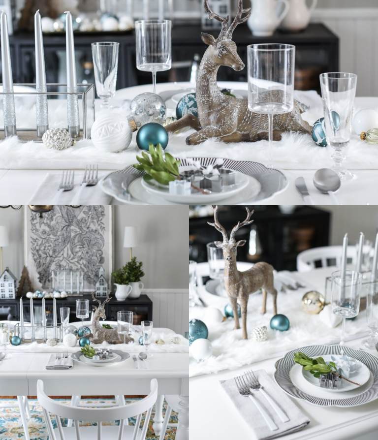 Dukat bord för juldekorationer i blått, silver och vitt