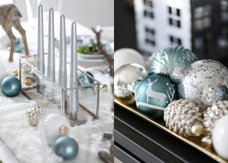 festliga bordsdekorationer med julkulor i isblått och silver och höga ljus i ljusstakar av glas. Idéer för moderna adventsarrangemang