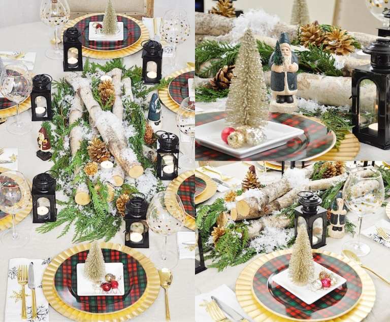 Juldekorationsbord i grönt och guld med trädstammar och konstsnö och lyktor och dekorativa figurer av porslin