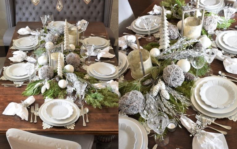 festliga bordsdekorationer med färska kvistar och silverstjärnflingor som servettringar och vita keramiska tallrikar