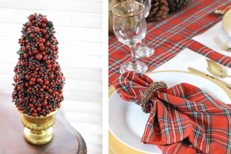 Perfekt dukat bord till jul Gör ditt eget mini -julgran av nypon och bär och knyt servettringar från pilgrenar