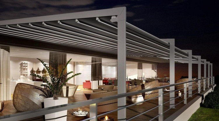 material-terrass takläggning-modern-grå-även-dirello-pergola-aluminium-pvc