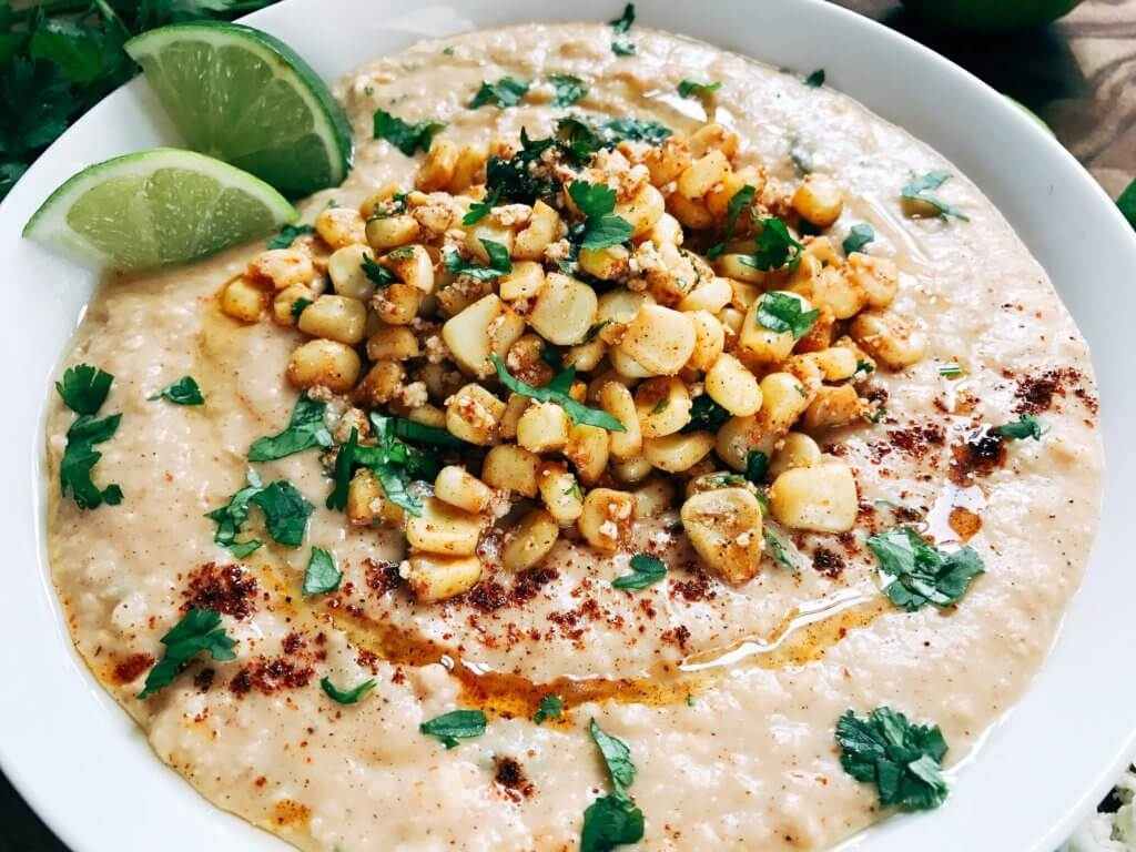Hummus med majs med lågt kaloriinnehåll, hälsosamma aptitretare sommarlätta rätter