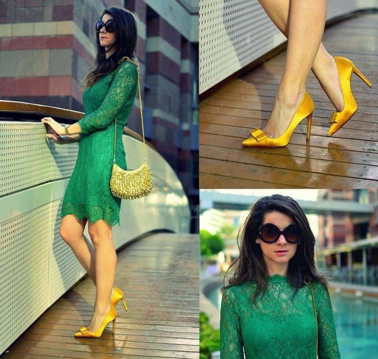 Gula skor med guldskimmer och en grön spetsklänning