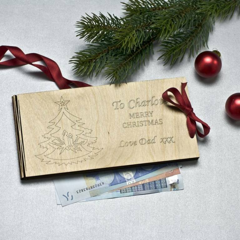 pengar gåvor för jul kuvert idé träsnideri euro rosett