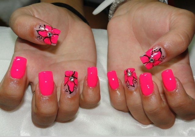 rosa neon nageldesign gel blommotiv idéer