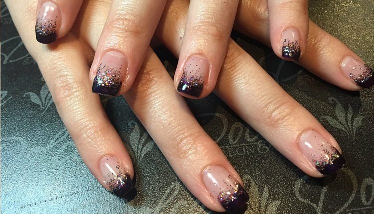 gel naglar-glitter-fransk-brun-mörk-röd-ombre
