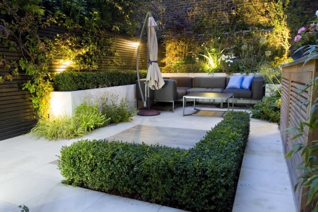 Trädgårdsdesign idéer litet utomhusområde moderna möbler