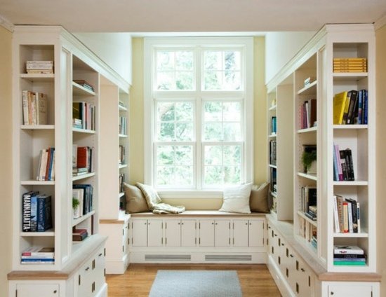 Möbler idé liten lägenhet bibliotek bänk