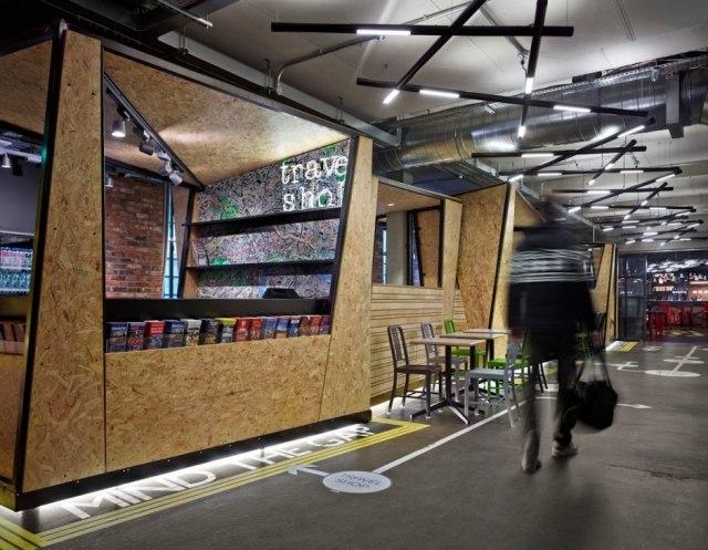 london design hostel renovering plywood bar cafe taklampor