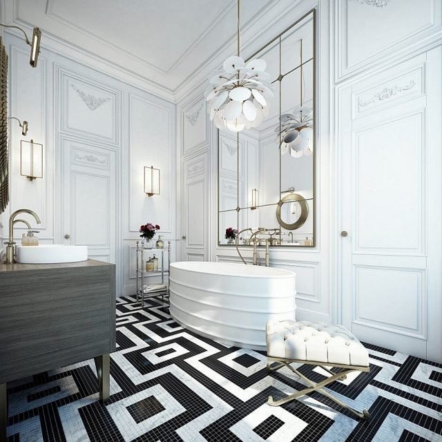 kvadratiska-linjära-kakel-mönster-svart-vit-geometriska-idéer-badrum