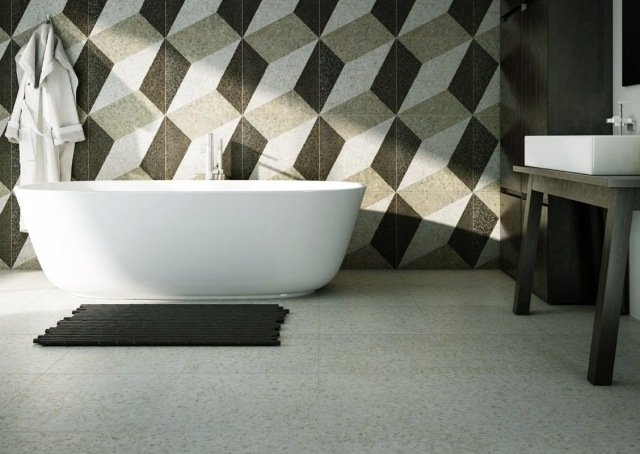 moderna-badrum-kakel-geometriska-3d-mönster-fristående-keramik-badkar