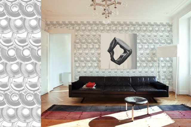 Tapetmönster Kilim lädersoffa vit golvlampa