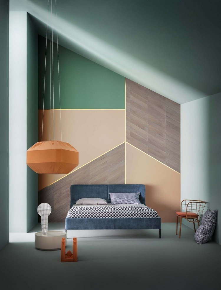 ovanliga former och geometriska väggmönster i jordnära färger i sovrummet