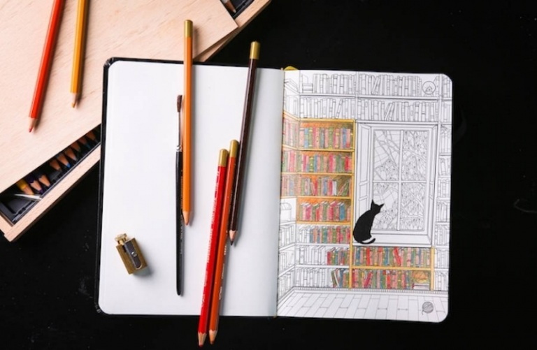 present-idé-vän-anteckningsbok-färgade pennor-kreativa-anställning-katt-bibliotek