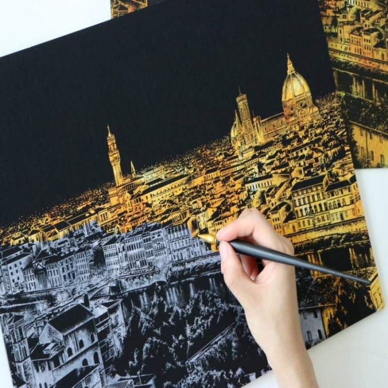 present-idé-vän-anteckningsbok-guld-stad-lysande-natt-illustration-ritning