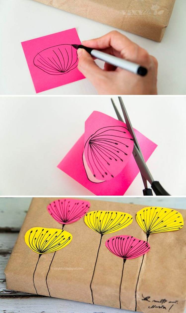 tinker presentförpackning diy idé papper äng blommor gul rosa