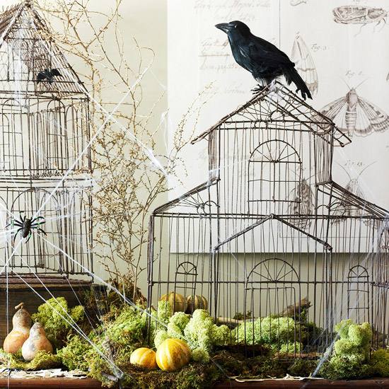 halloween dekorationer arrangemang moss tråd hus fågelbur