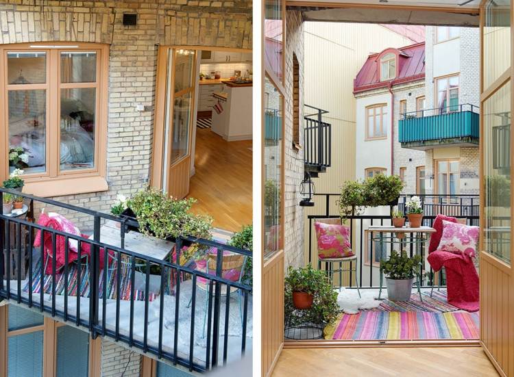 design idé balkong färgglada textilmattor ränder balustrad tegel