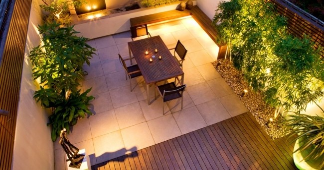 Designidéer för takterrassen kakel golvbrädor bambu matplats