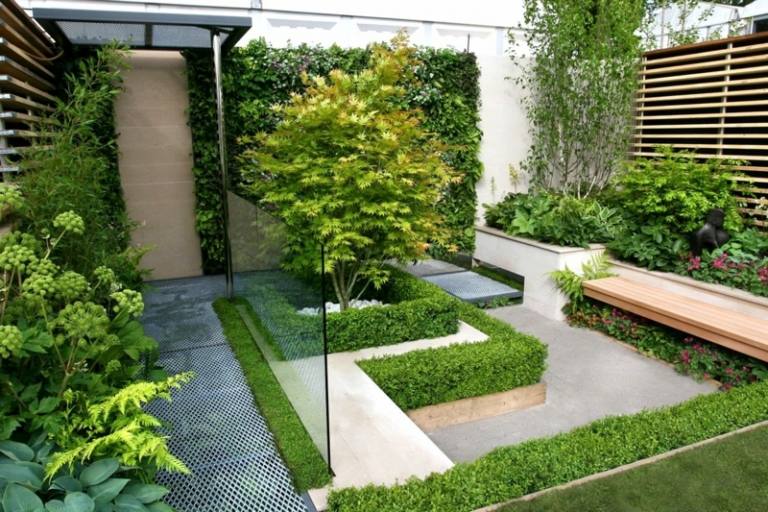 designidéer för små trädgårdar häckar moderna glasräcken trälister