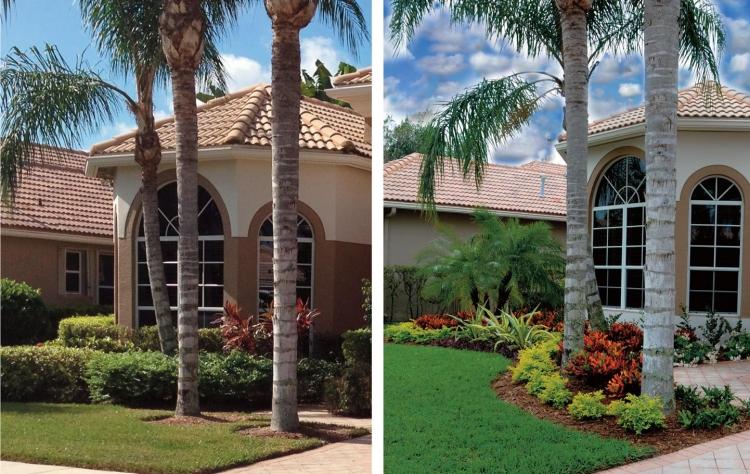 Designidéer för terrass -trädgård-framgård-palm-gräsmatta-blommor-markskydd-hus-gitterfönster