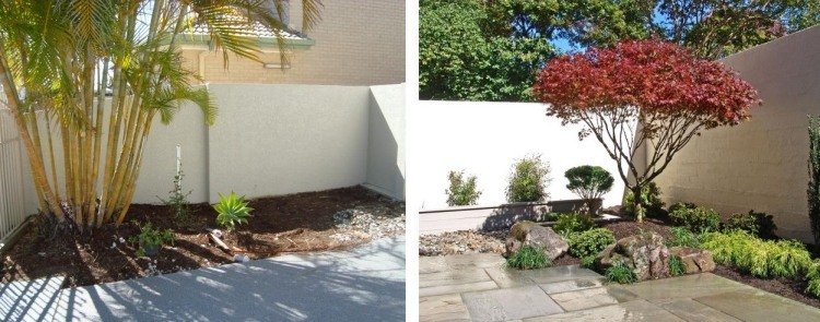 Designidéer för terrass-trädgård-terrass-träd-sekretess-skärm-vägg-stenar-växter-jord