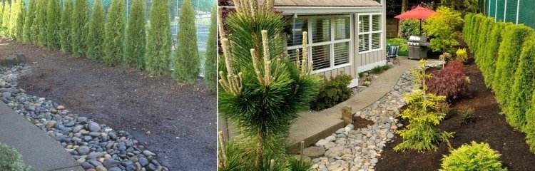 Designidéer för terrass-trädgård-stig-hus-staket-cypress-växter-stenar-buske-hus