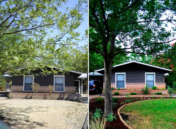 Designidéer för terrass-trädgård-hus-framgård-gräsmatta-träd-jord-växter-oval-sommar