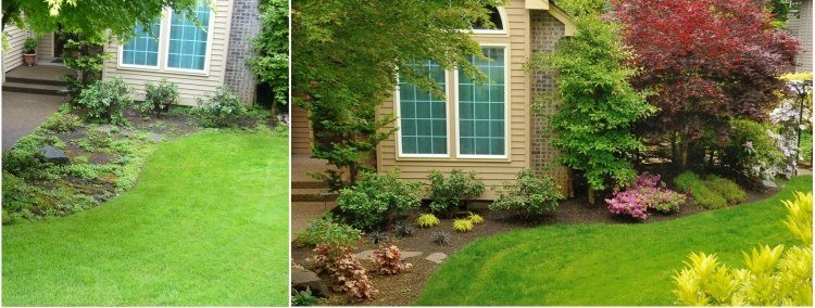 Designidéer för terrass-trädgård-framgård-hus-fönster-gräsmatta-träd-växter-buskar