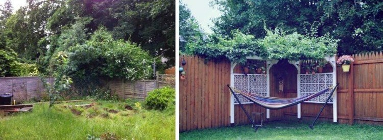 Designidéer för terrass-trädgård-bakgård-hängmatta-gräsmatta-sekretess-skärm-trä-staket-träd