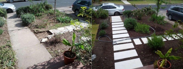 design-idéer-trädgård-stig-trottoar-betong-kakel-jord-buskar-växter-gatubilar