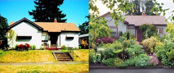 Frodig plantering fasad hus trädgård design