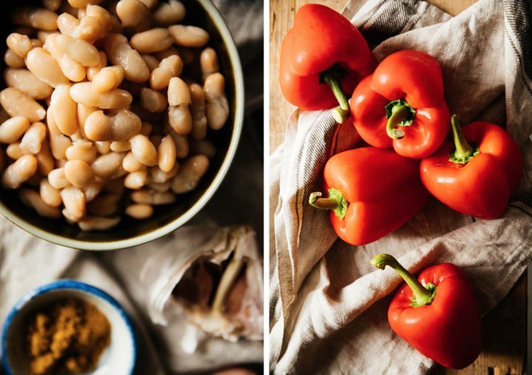 Röd paprika och böndopp som ett hälsosamt mellanmål med 15 kolhydrater