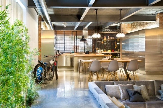 modernt loft lägenhet kök-vardagsrum rostfritt stål trä bambu växter
