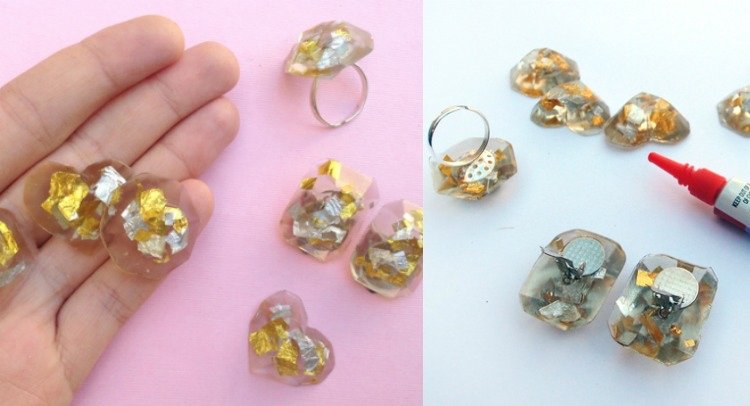 Gjut-harts-smycken-gör-det-själv-instruktioner-guld-blad-effekt-ringar
