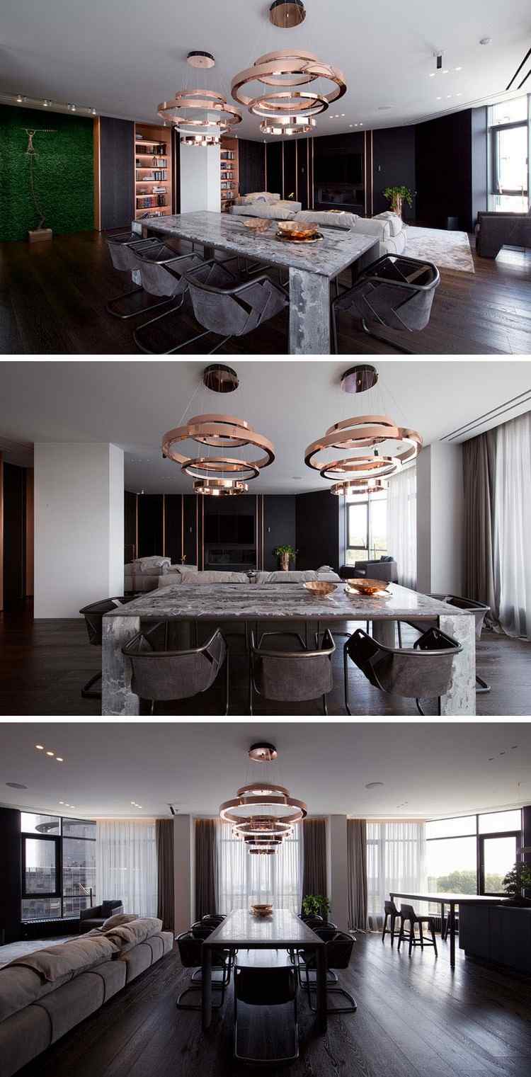 matplats matbord sten hängande lampor koppar accenter specialdesign