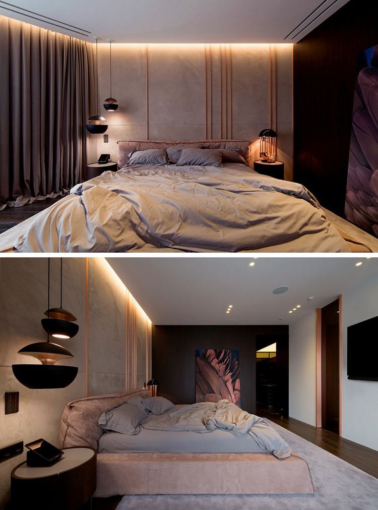 sovrum design koppar accenter rörvägg indirekt belysning