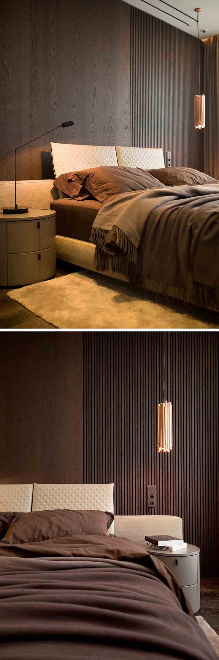 modernt sovrum mörkt trä väggpanel hängande ljus koppar
